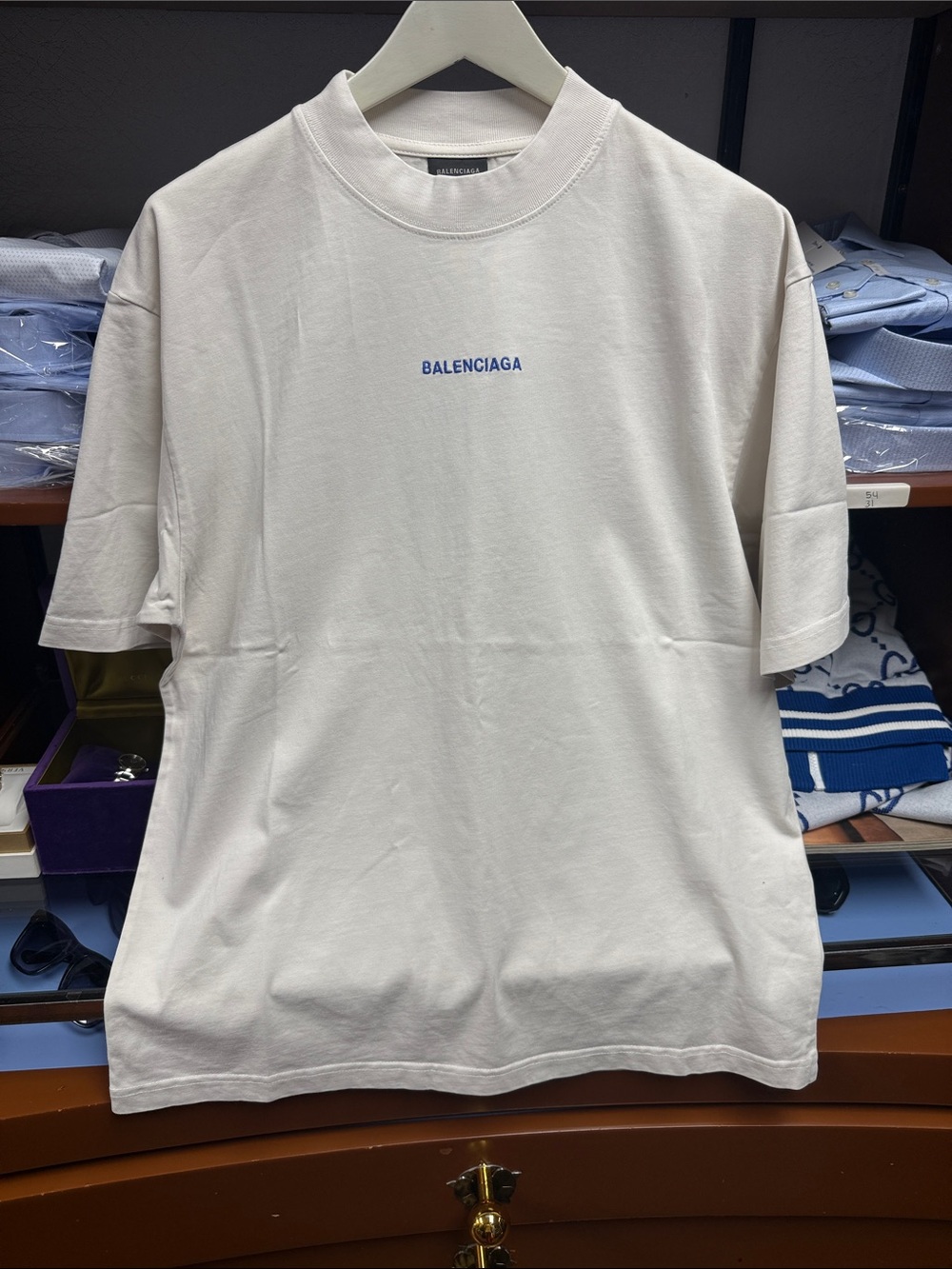 Unisex Balenciaga tope color Short Sleeve T-Shirt with Blue Logo